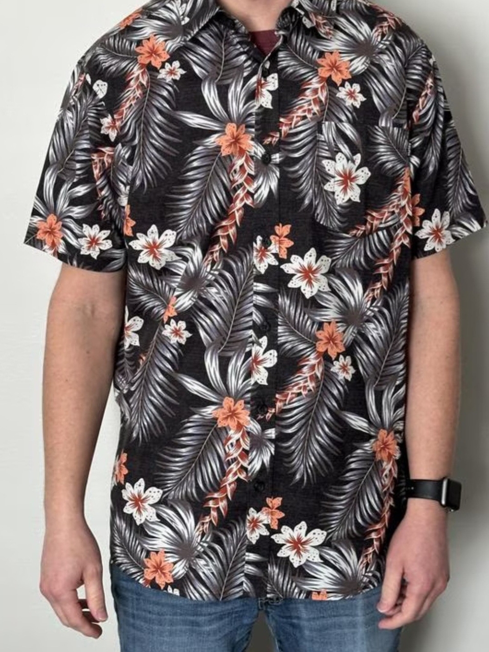 Caribbean Black Floral Button-Down Shirt with Orange Accents